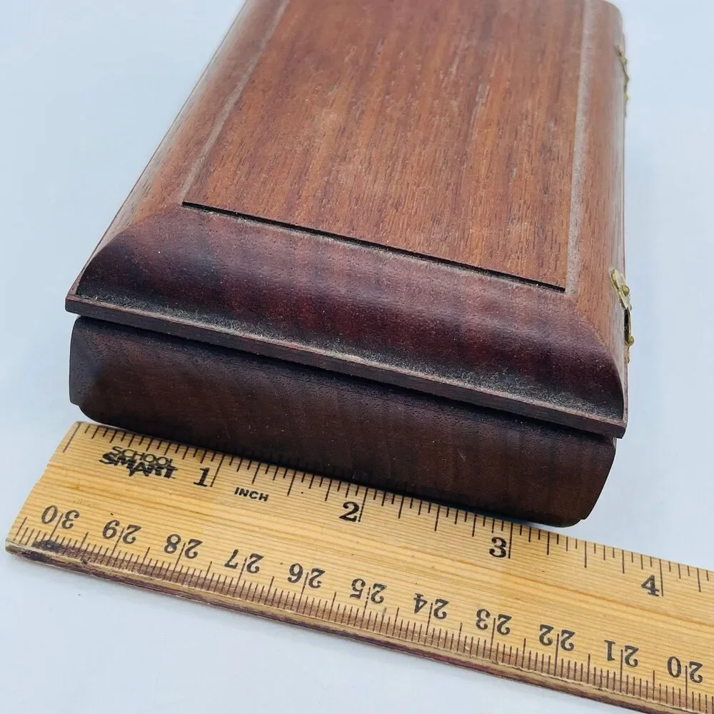 Vintage Hand Crafted Small Rectangular Wooden Trinket Jewelry Box w/ Hinges